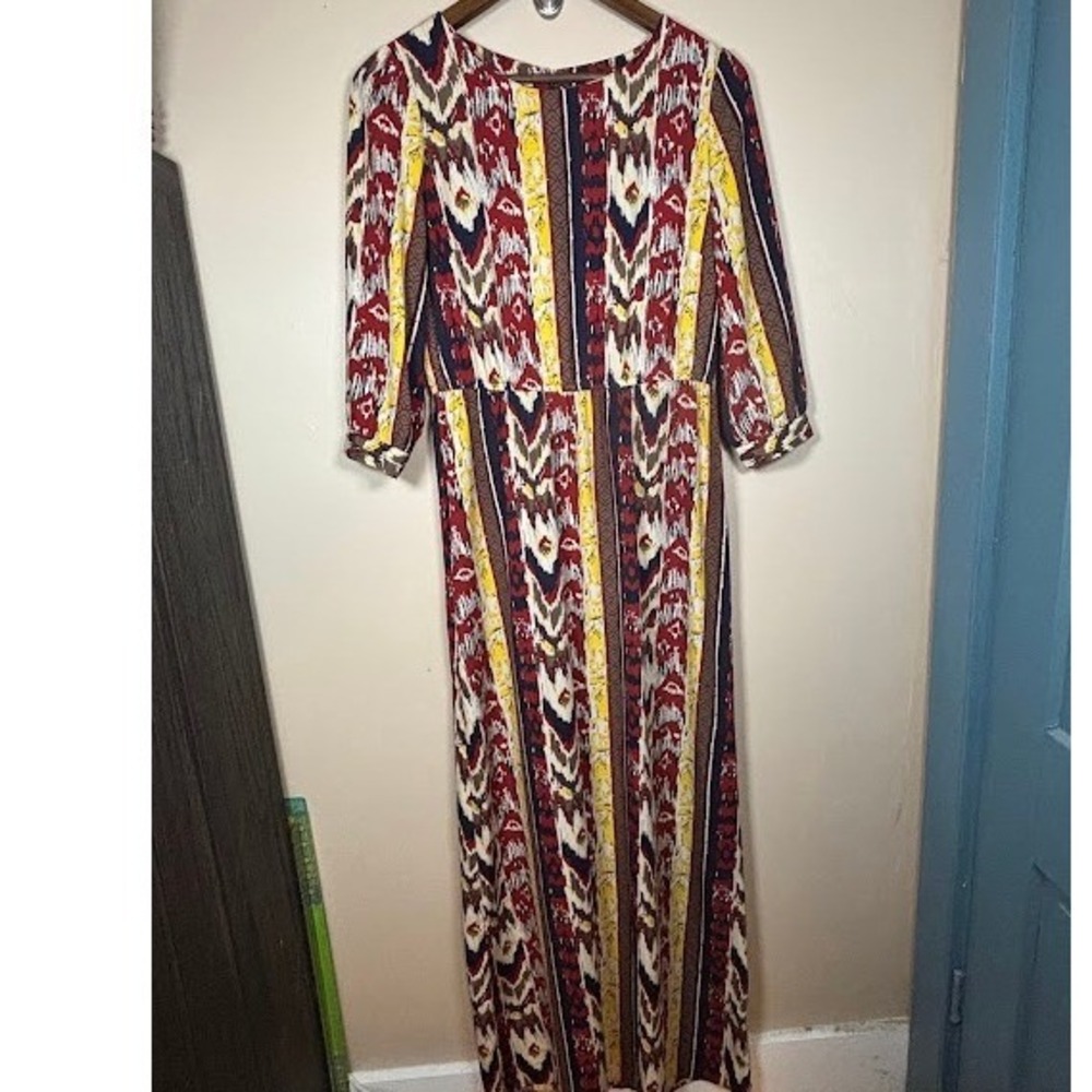 Forever 21 Contemporary Ikat Print Maxi Dress Red Yellow Boho XS